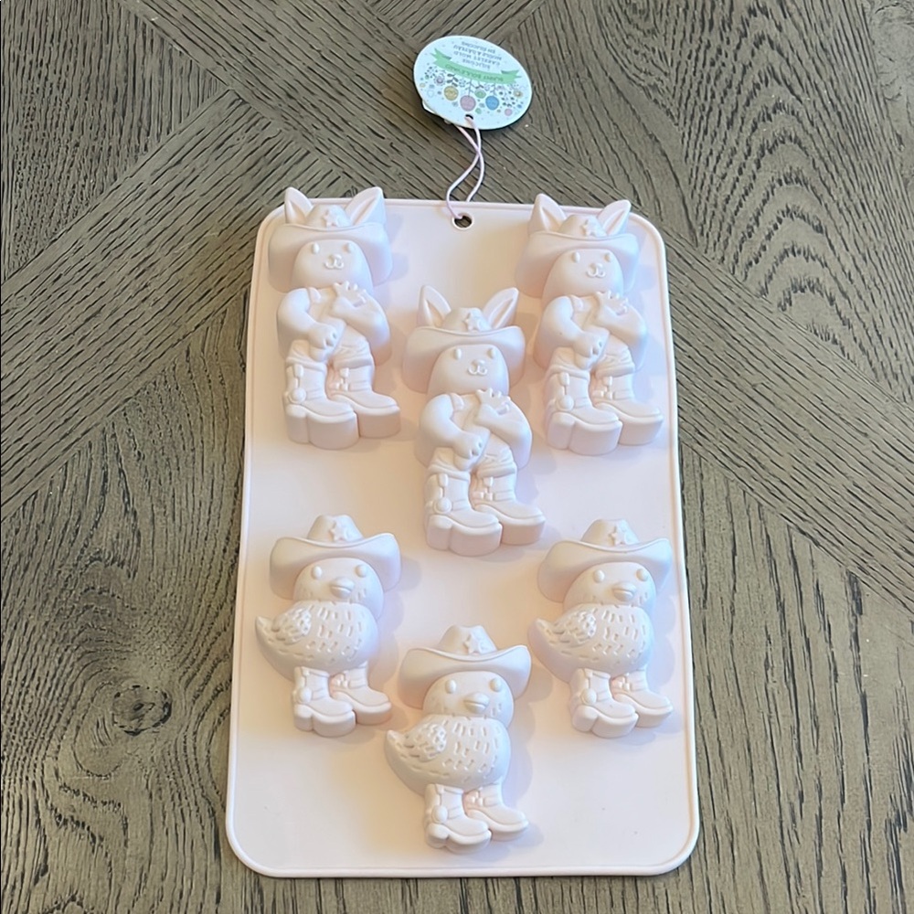 Cowboy Easter Bunny and Chicken Silicone Mold Pink Holiday Spring Fun Art Craft